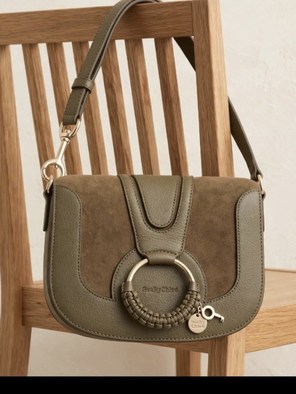 See By Chloé Olive Suede & Leather Crossbody with Gold Ring